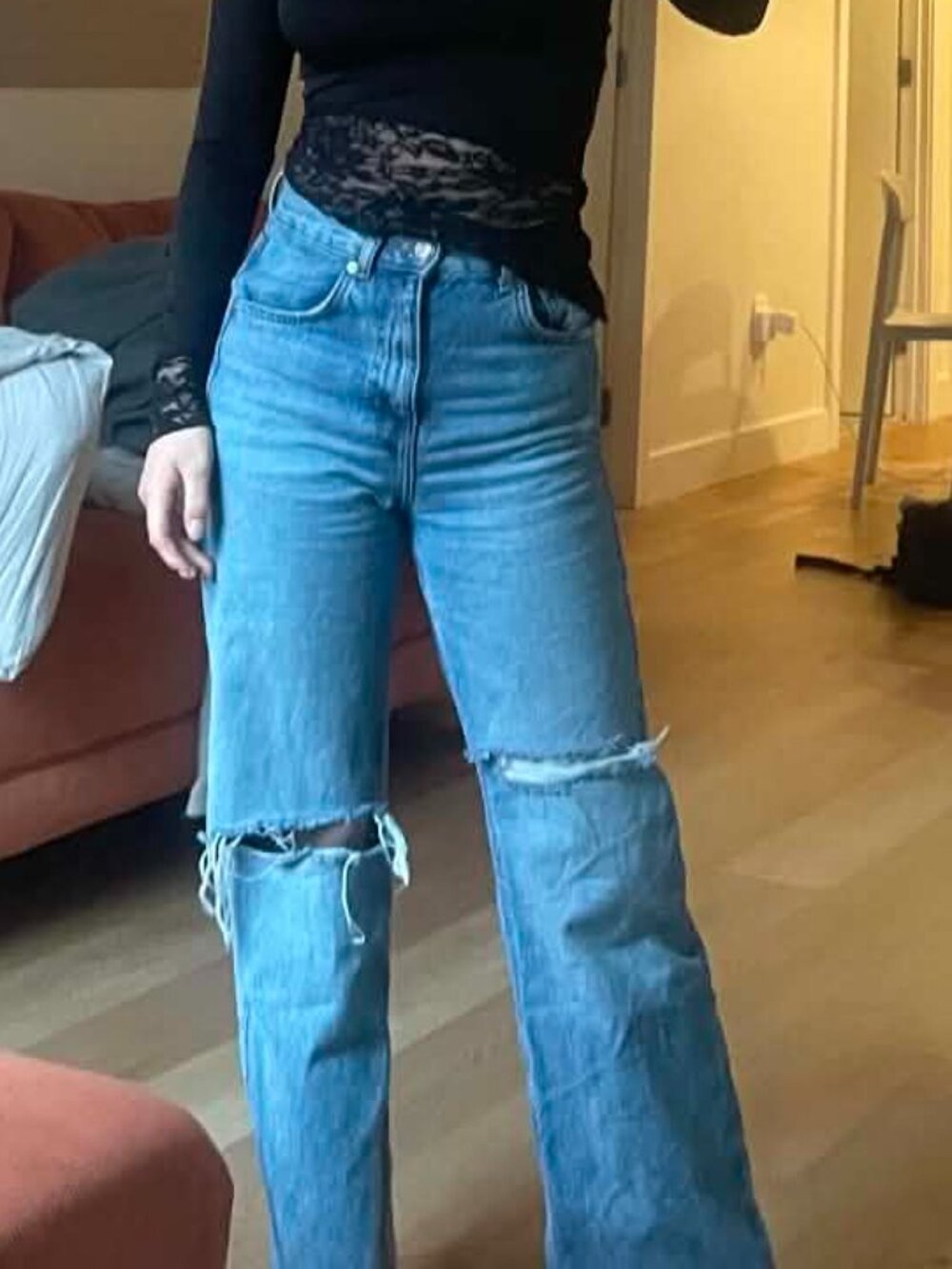 Pull and Bear Ripped Straight Leg Jeans
